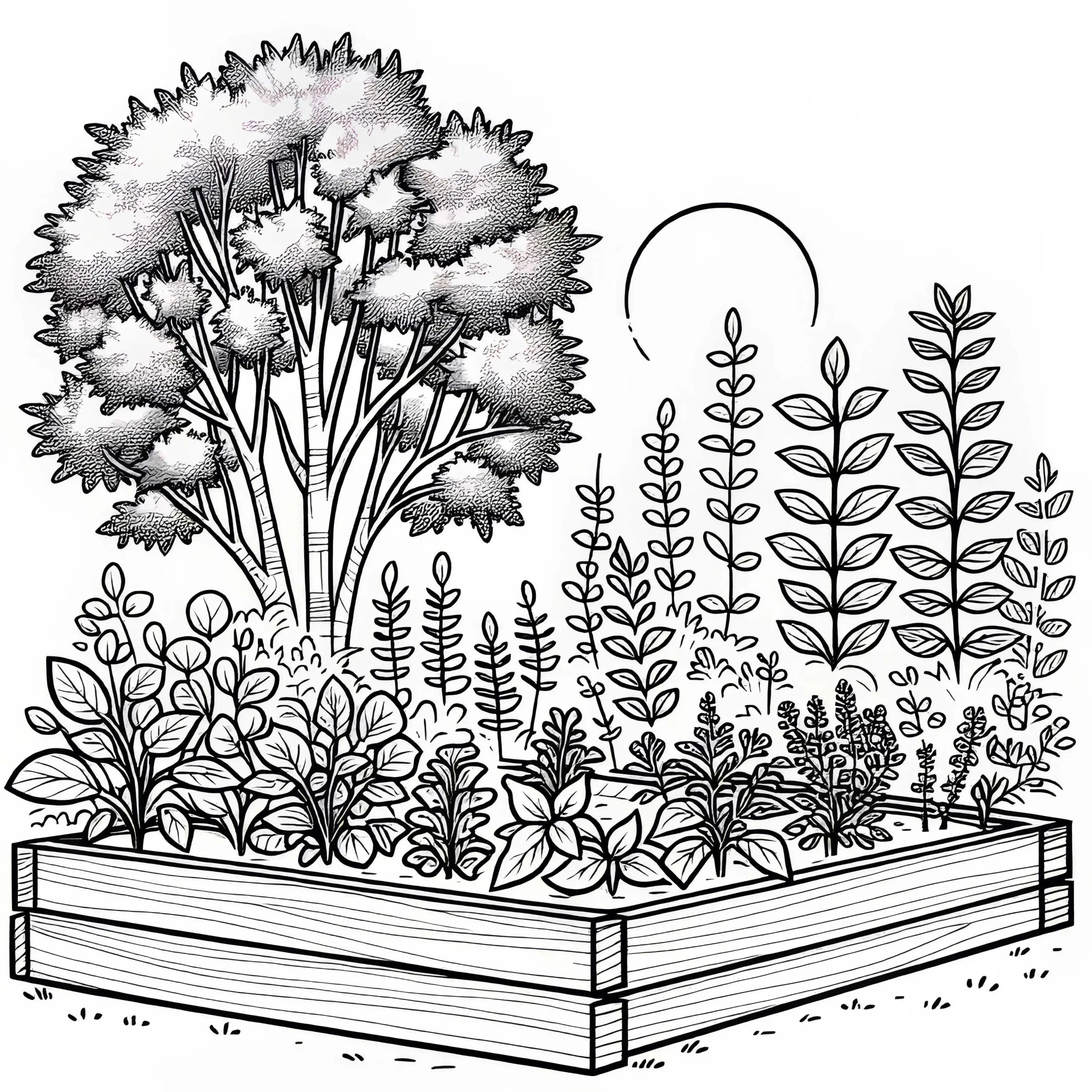 Kräuter wachsen im Hochbeet – Malvorlage für den Kräutergarten kostenlos (Ausmalbild)