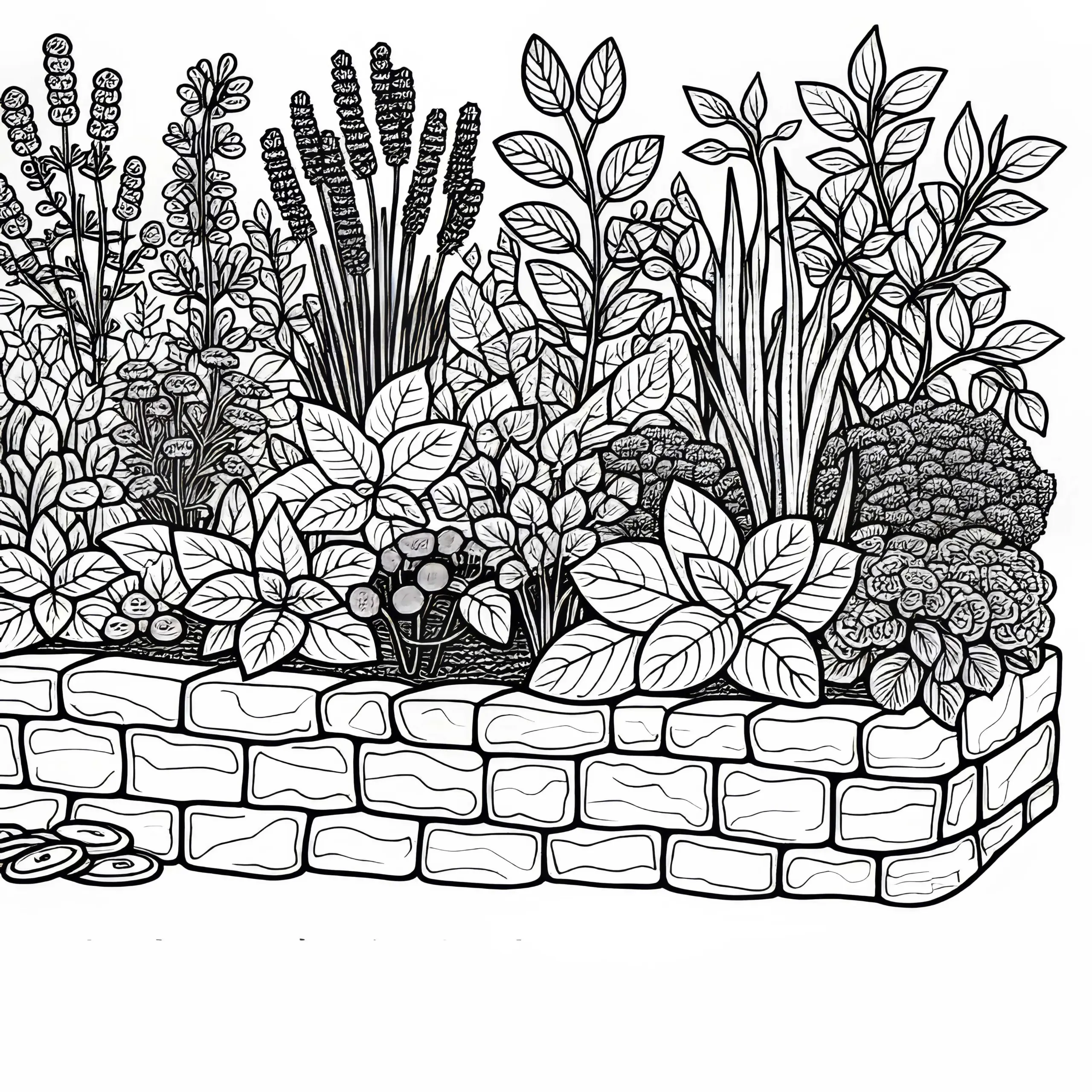 Ausmalbild mit Kräuterbeet und Steinumrandung für deinen Kräutergarten
