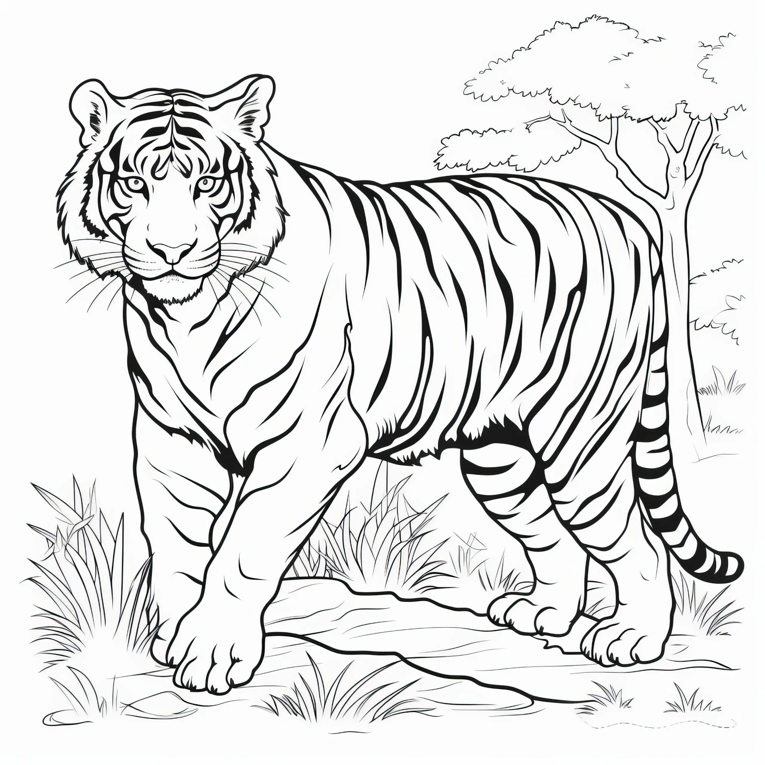 Kraftvoller Tiger in der Steppe: Ausmalbild kostenlos herunterladen