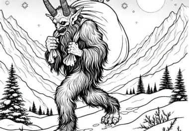Krampus klettert mit Sack durch verschneites Gebirge – Ausmalbild kostenlos