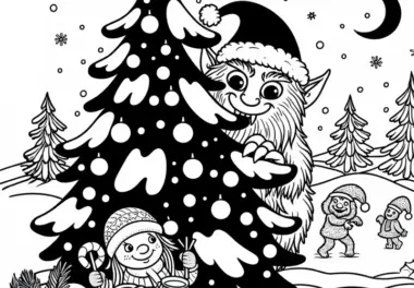 Krampus lauert hinter verschneiter Tanne und beobachtet frohes Kind – Ausmalbild kostenlos