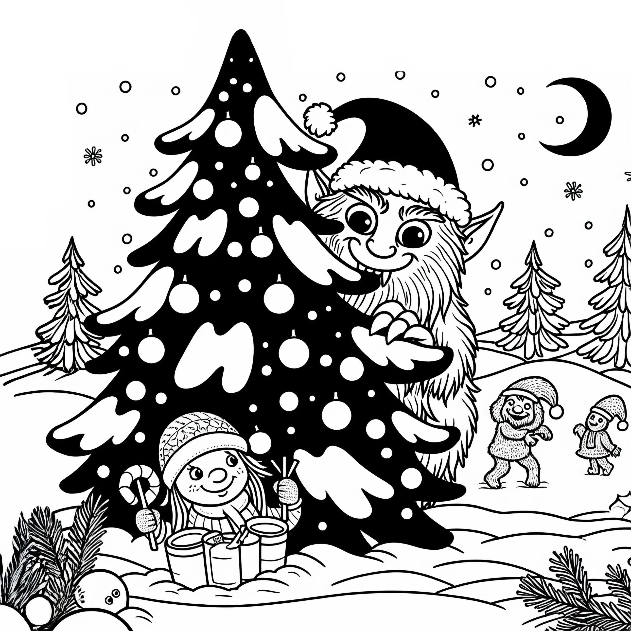 Krampus lauert hinter verschneiter Tanne und beobachtet frohes Kind – Ausmalbild kostenlos