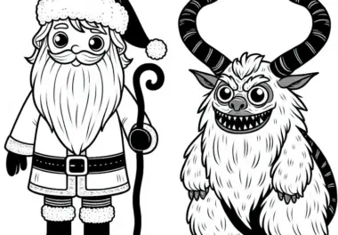Krampus steht neben Nikolaus – Ausmalbild einfach und gratis