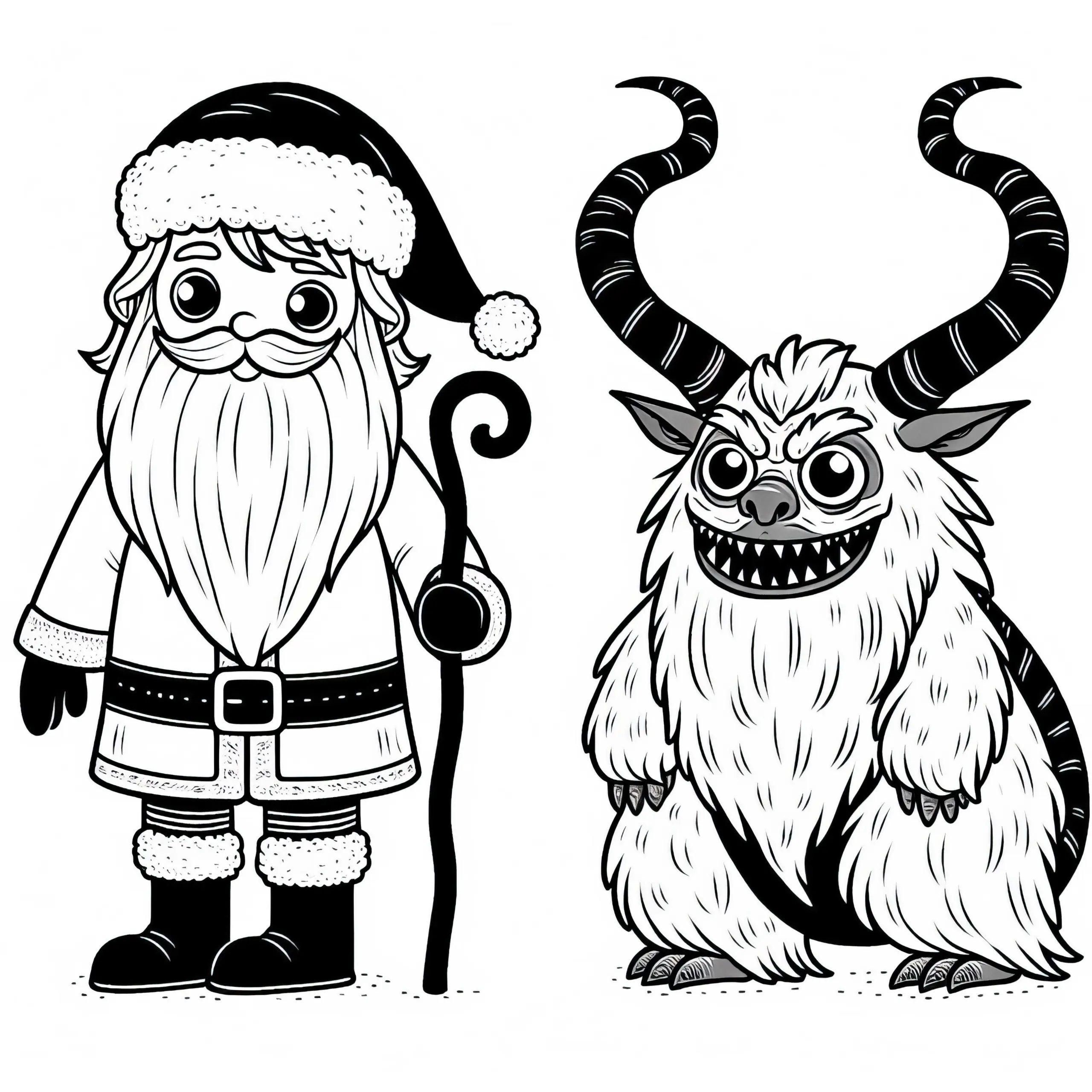 Krampus steht neben Nikolaus – Ausmalbild einfach und gratis