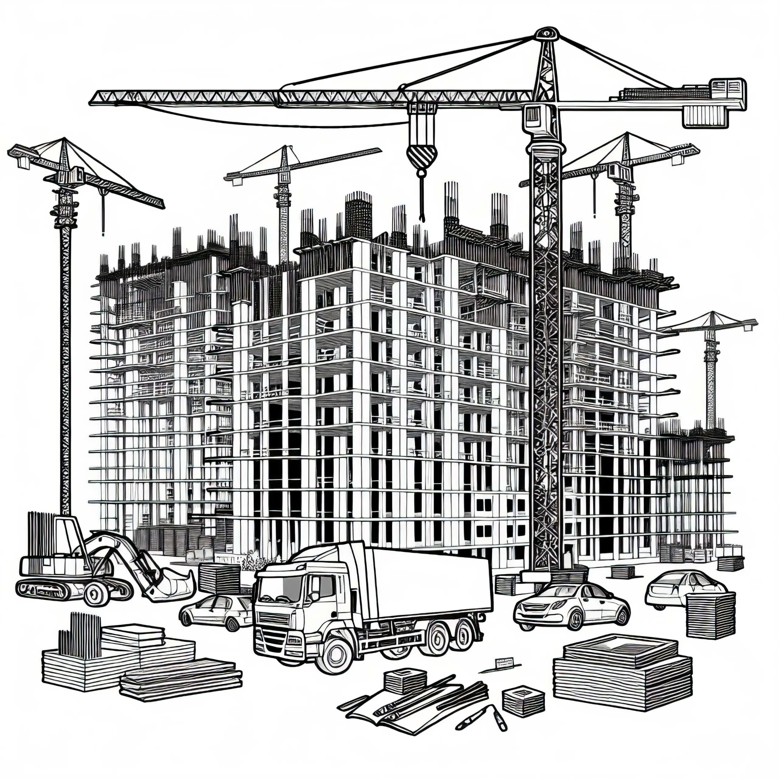 Kran auf Baustelle für Hochhaus – Ausmalbild kostenlos