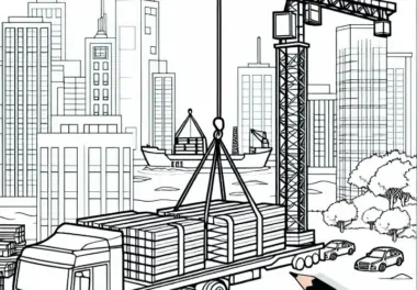 Kran hebt schwere Lasten auf Baustelle – Ausmalbild kostenlos