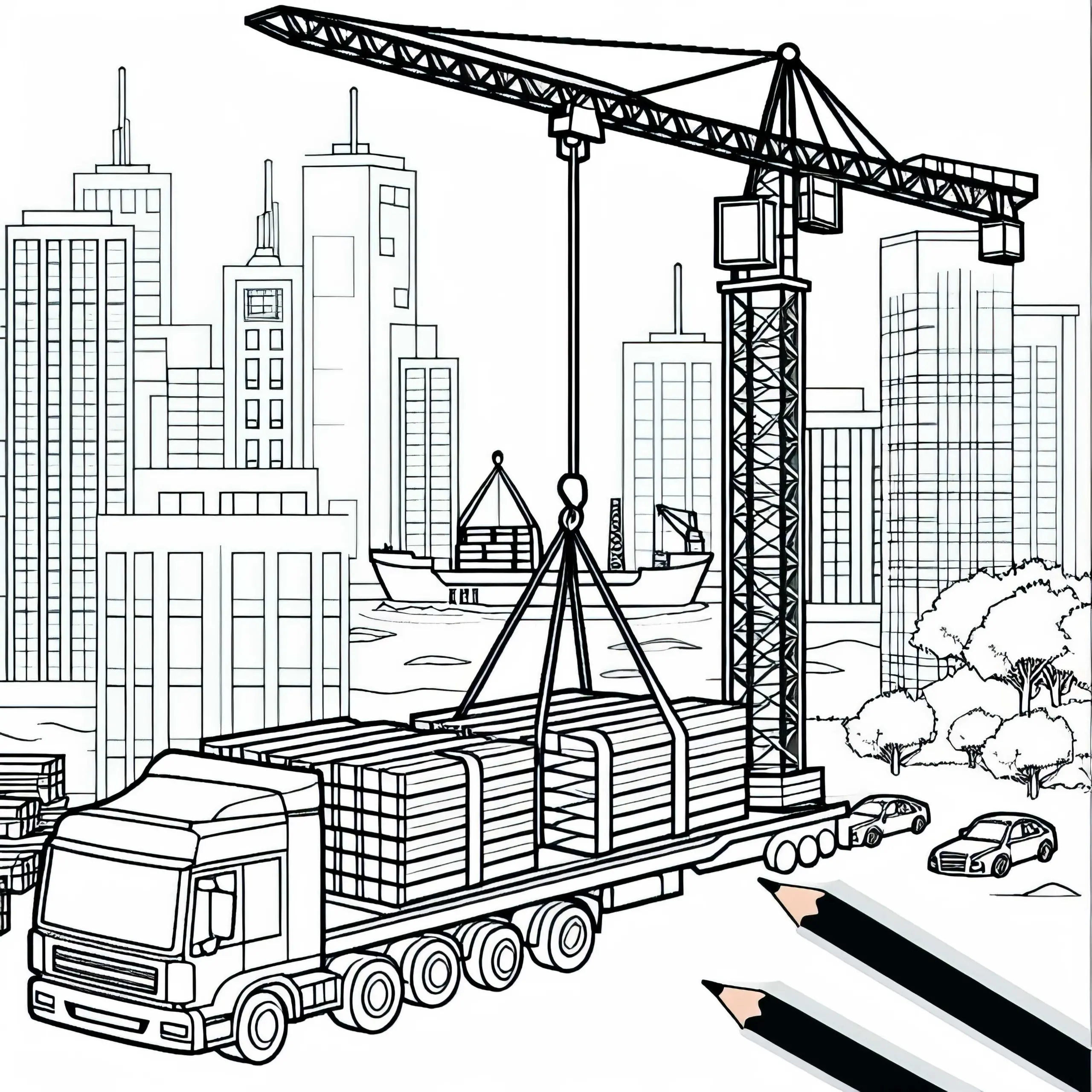 Kran hebt schwere Lasten auf Baustelle – Ausmalbild kostenlos