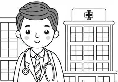 Krankenhaus mit Arzt – Malvorlage einfach kostenlos