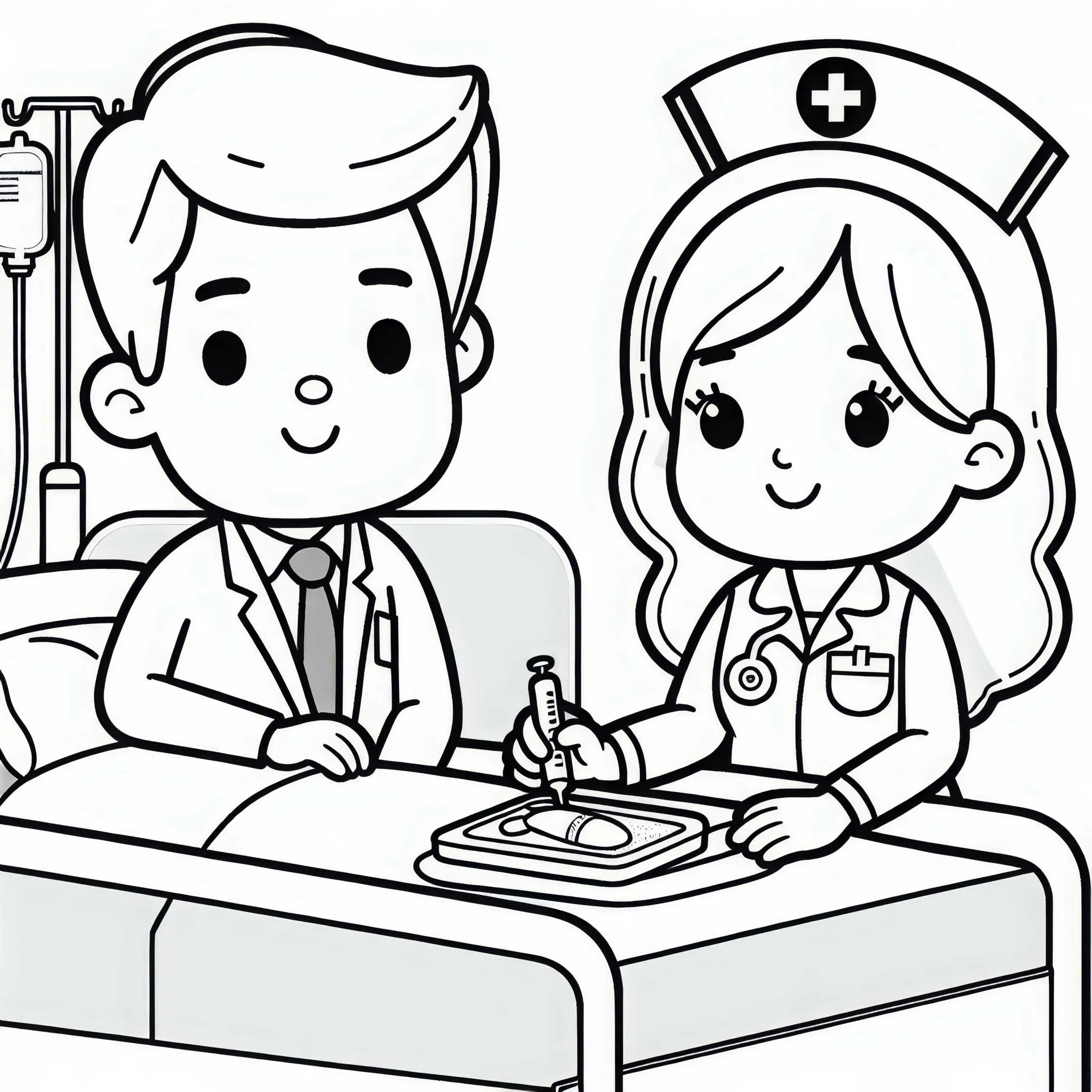 Krankenhaus mit Krankenpfleger – Ausmalbild gratis