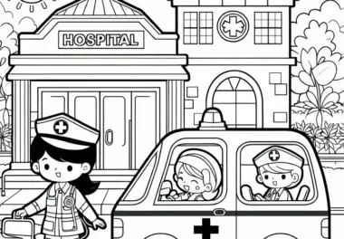 Krankenhaus mit Rettungssanitätern – Ausmalbild kostenlos