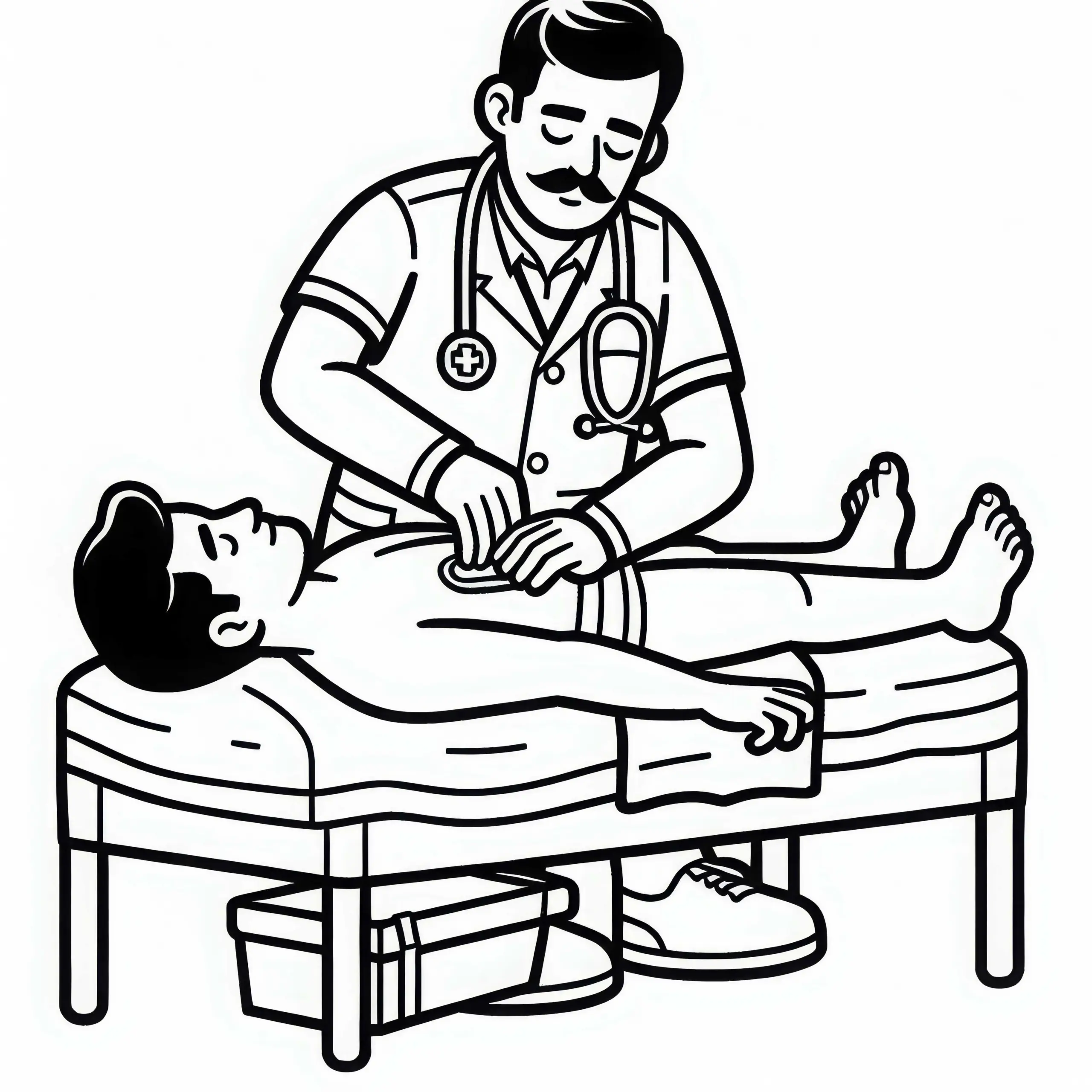 Krankenpfleger bei der Untersuchung eines Patienten – Ausmalbild Kostenlos