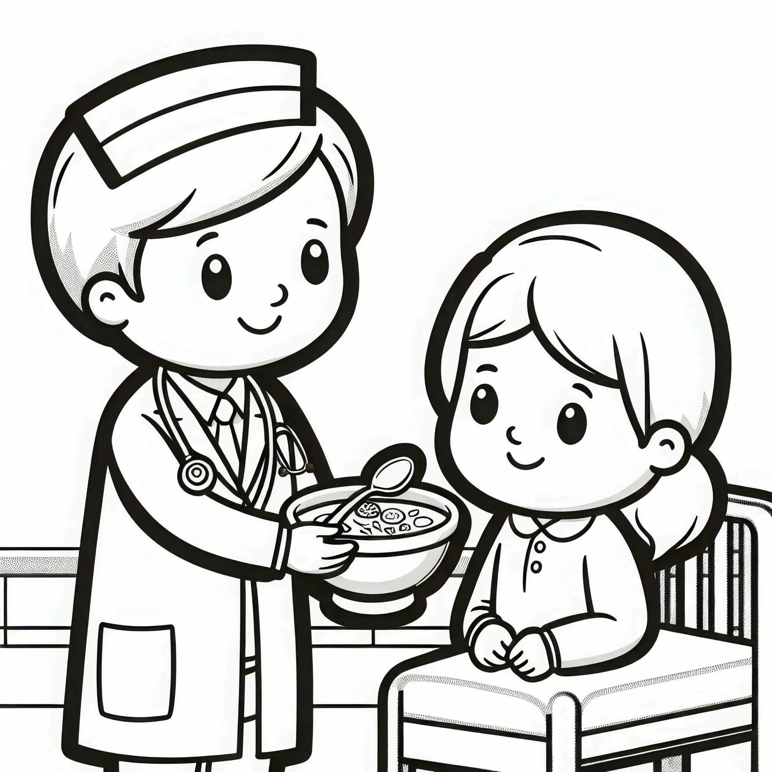 Krankenpfleger bringt Essen zu Patientin – Malvorlage gratis (Ausmalbild)