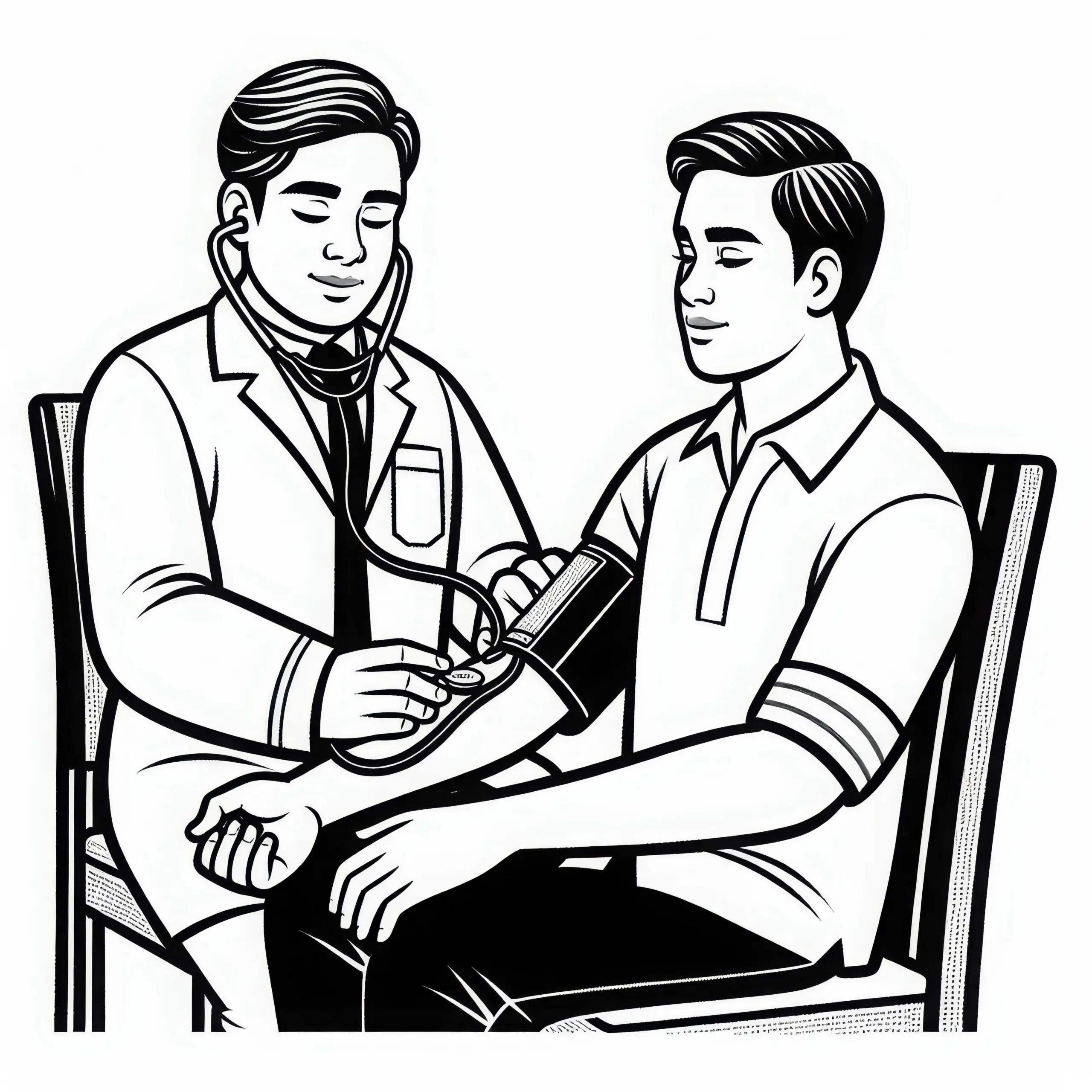 Krankenpfleger überprüft Blutdruck eines Patienten – Ausmalbild kostenlos