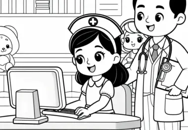 Krankenschwester arbeitet am Computer in der Station – Malvorlage kostenlos