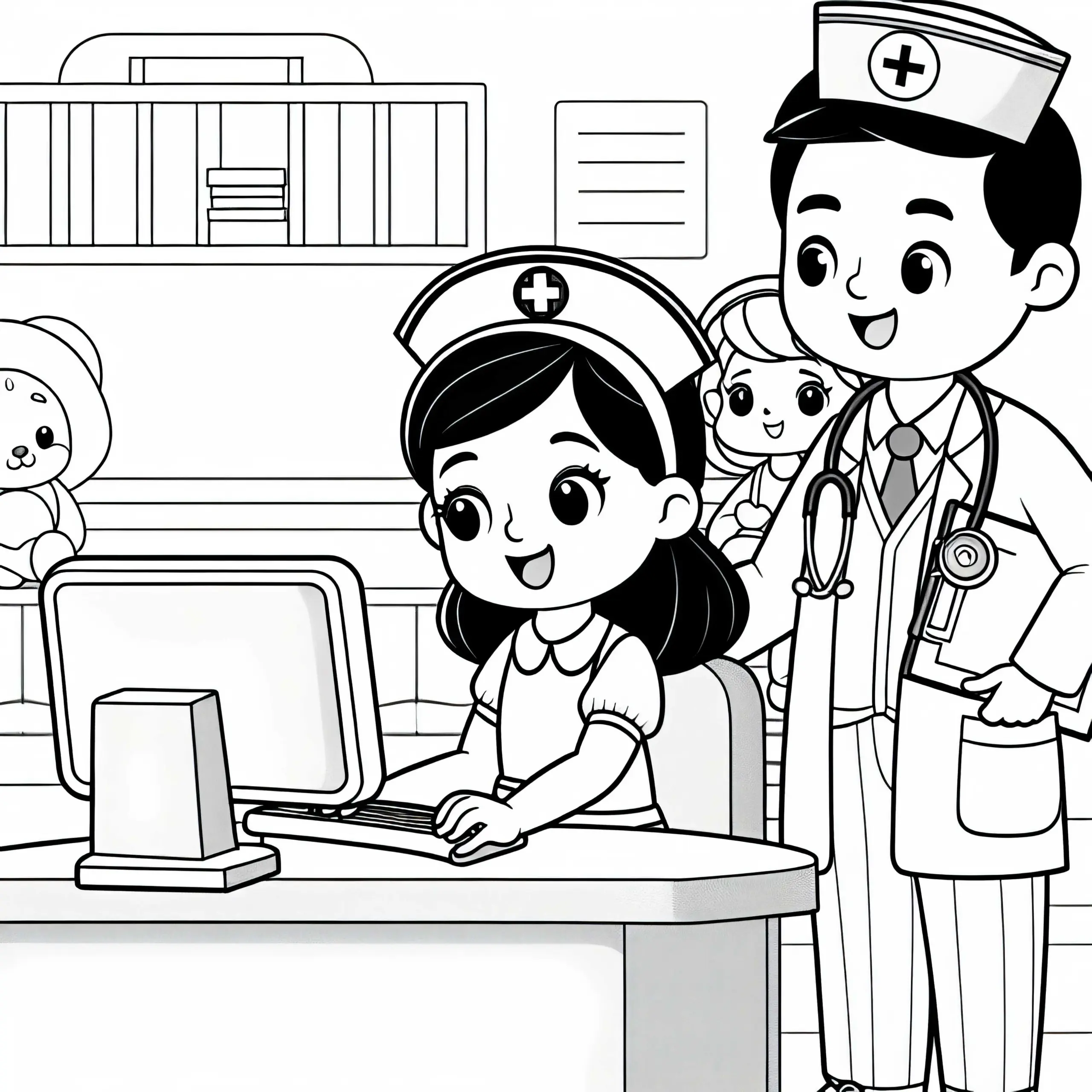 Krankenschwester arbeitet am Computer in der Station – Malvorlage kostenlos (Ausmalbild)