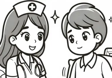 Krankenschwester hilft Patienten beim Aufstehen – Ausmalbild gratis