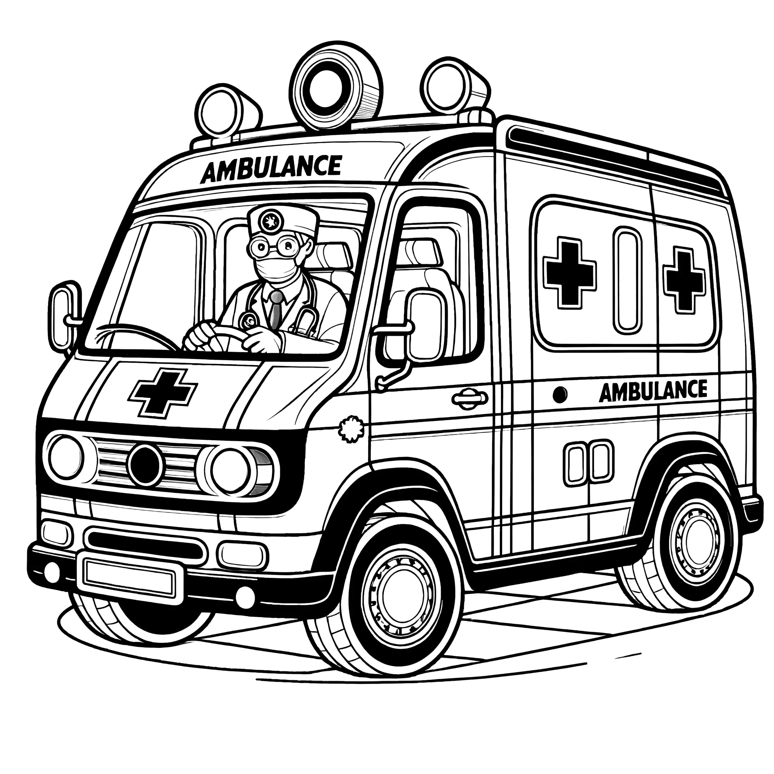 Krankenwagen mit Arzt: Malvorlage zum Download (Gratis) (Ausmalbild)