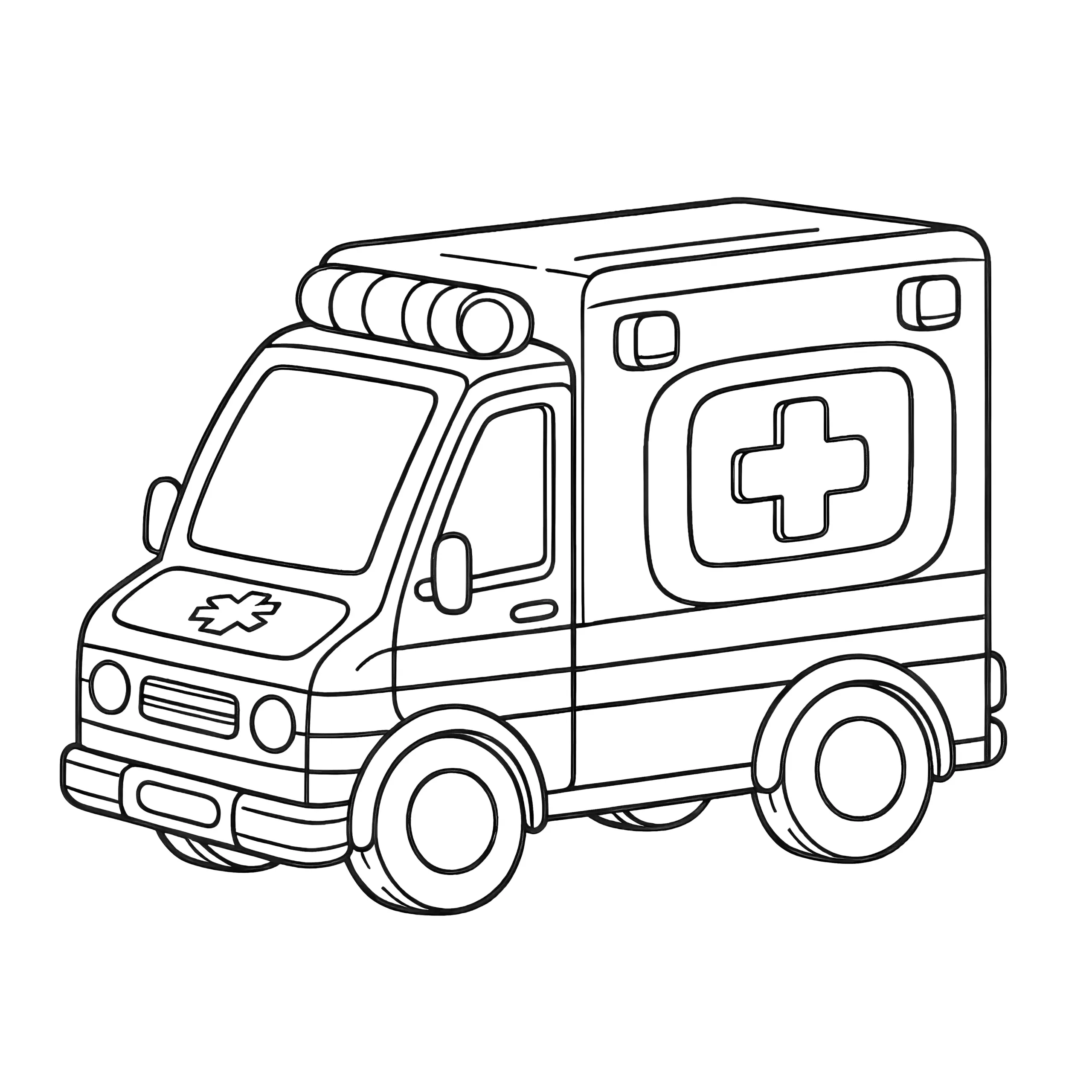 Krankenwagen: Einfache Malvorlage für Kinder (Kostenlos) (Ausmalbild)