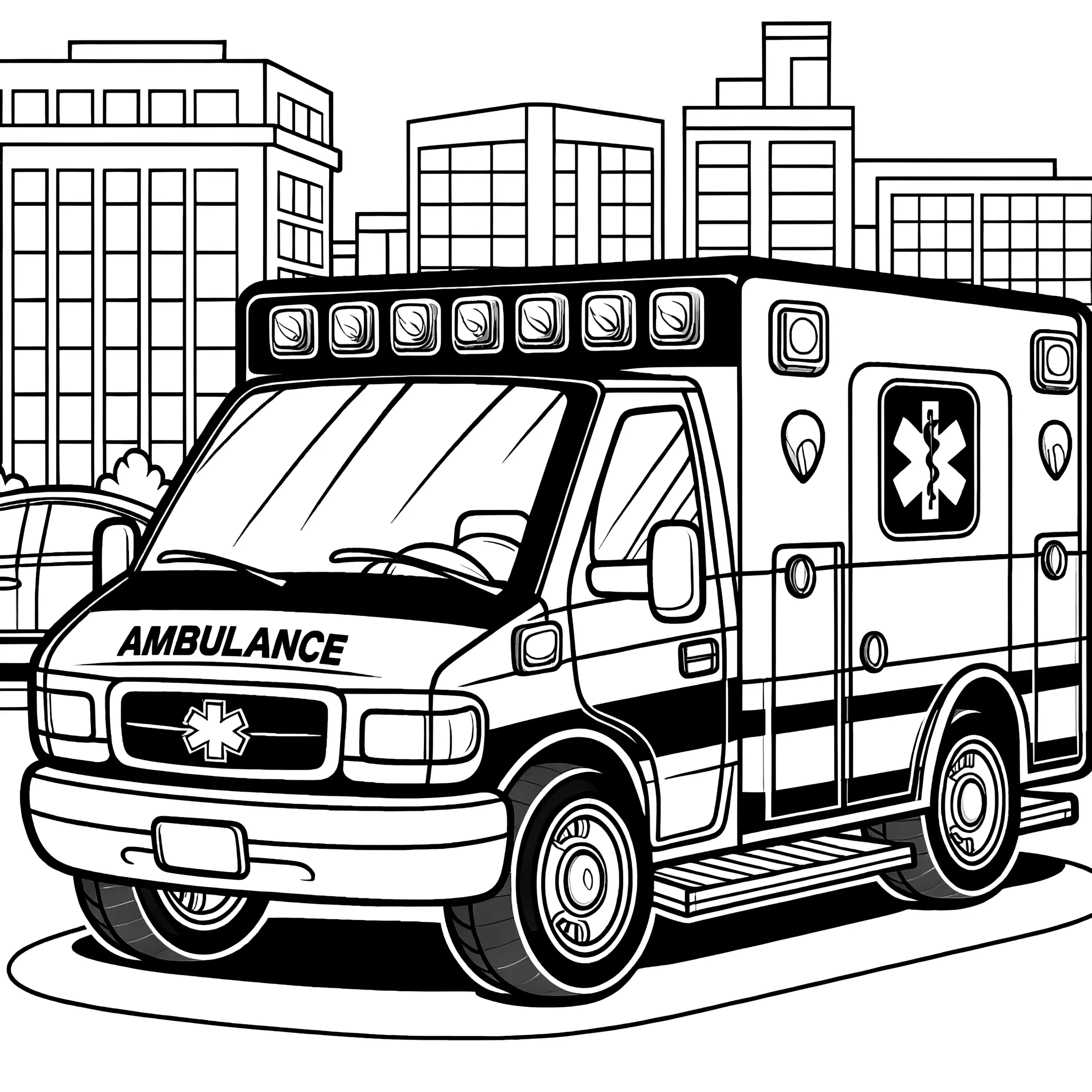 Krankenwagen in Großstadt: Malvorlage zum Herunterladen (Kostenlos) (Ausmalbild)