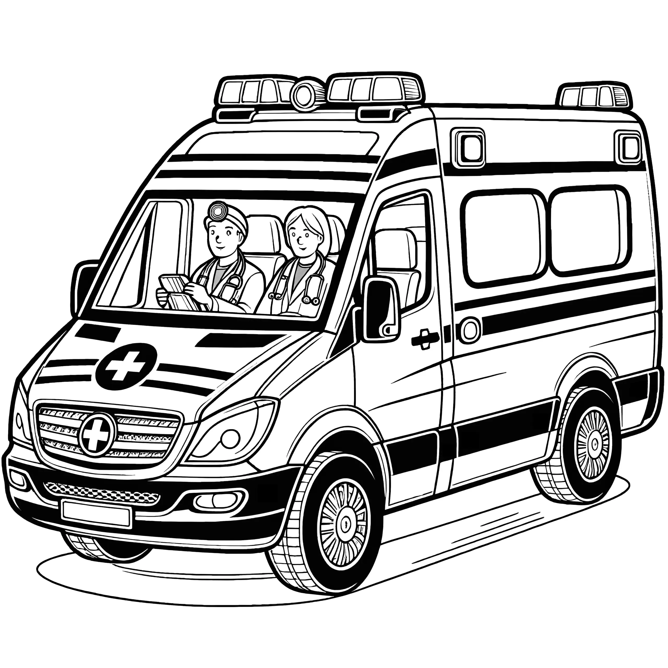 Krankenwagen mit zwei Notärzten: Malvorlage für Kinder (Kostenlos) (Ausmalbild)