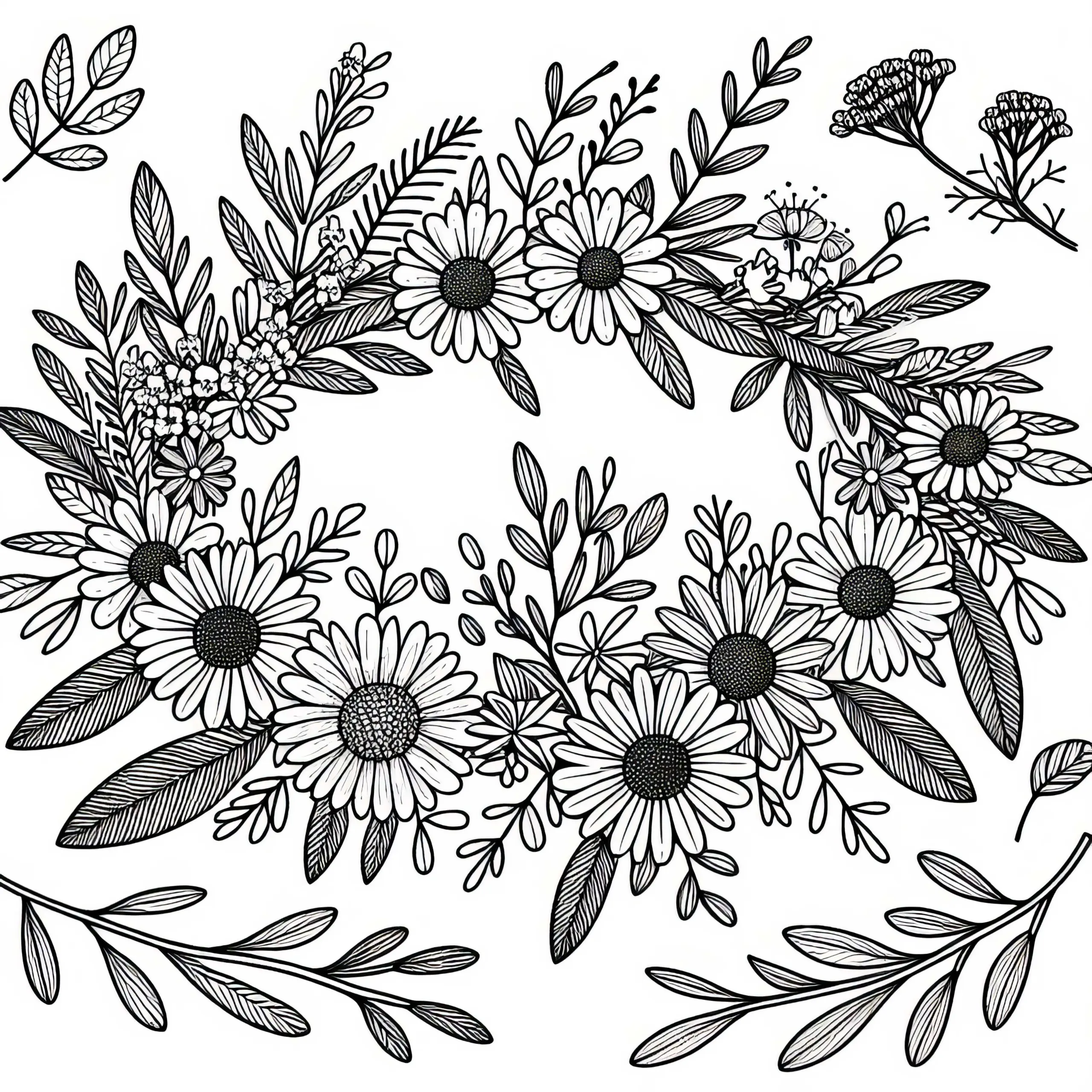 Kranz mit Kräutern und Blumen – Malvorlage kostenlos (Ausmalbild)