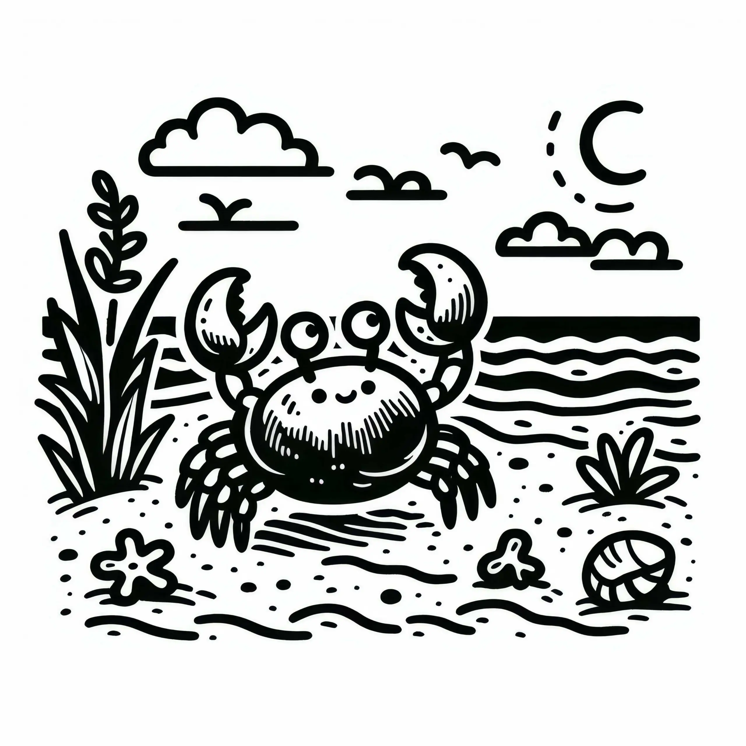 Krebs krabbelt über Sandstrand: Einfache Malvorlage (Kostenlos) (Ausmalbild)