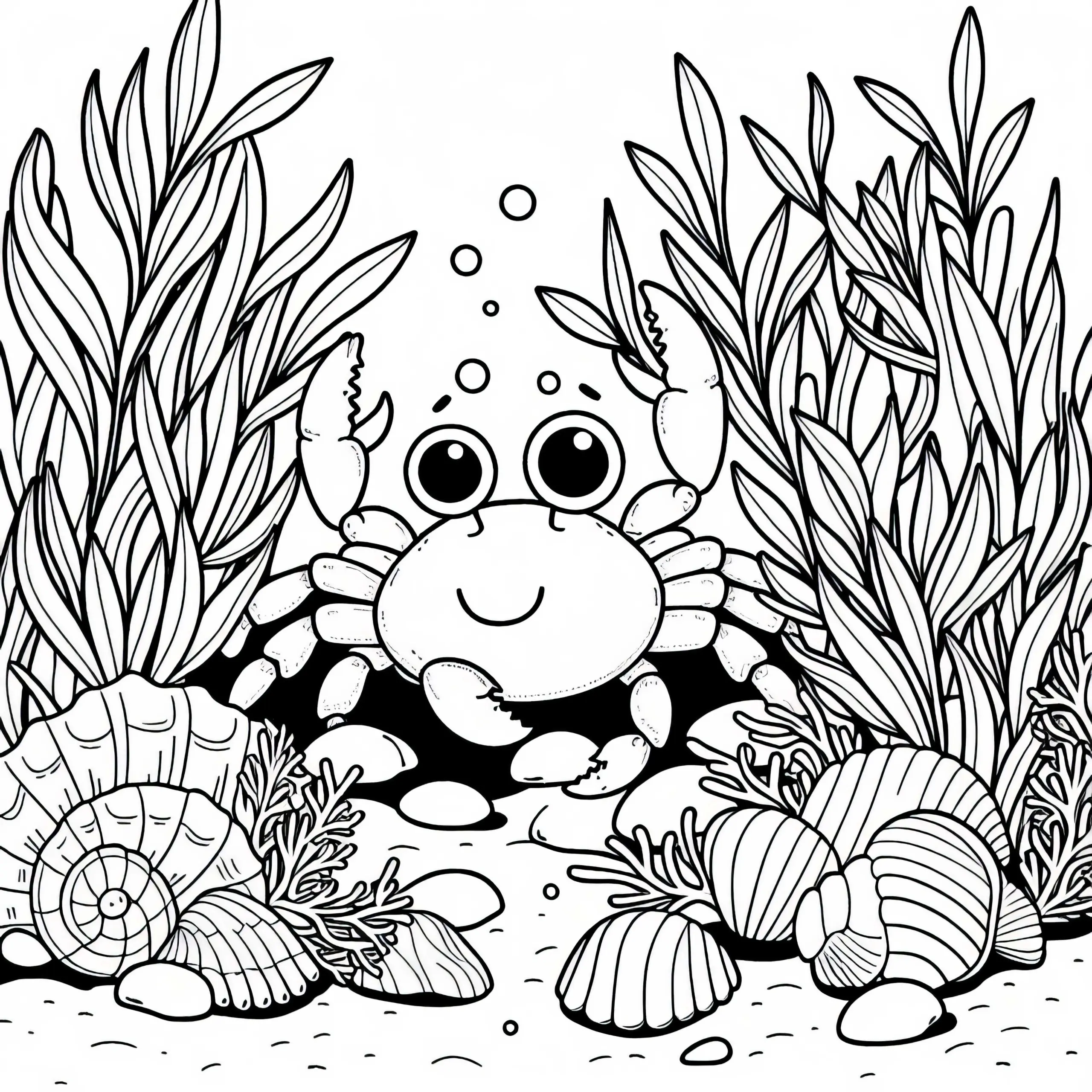 Krebs zwischen Algen und Muscheln unter Wasser: Einfache Malvorlage (Gratis) (Ausmalbild)