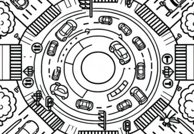 Kreisverkehr mit mehreren Fahrzeugen und Zebrastreifen – Ausmalbild kostenlos