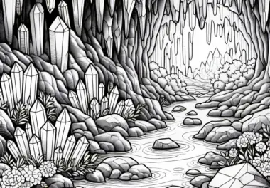 Kristalle leuchten im Halbdunkel in der Höhle – Malvorlage gratis