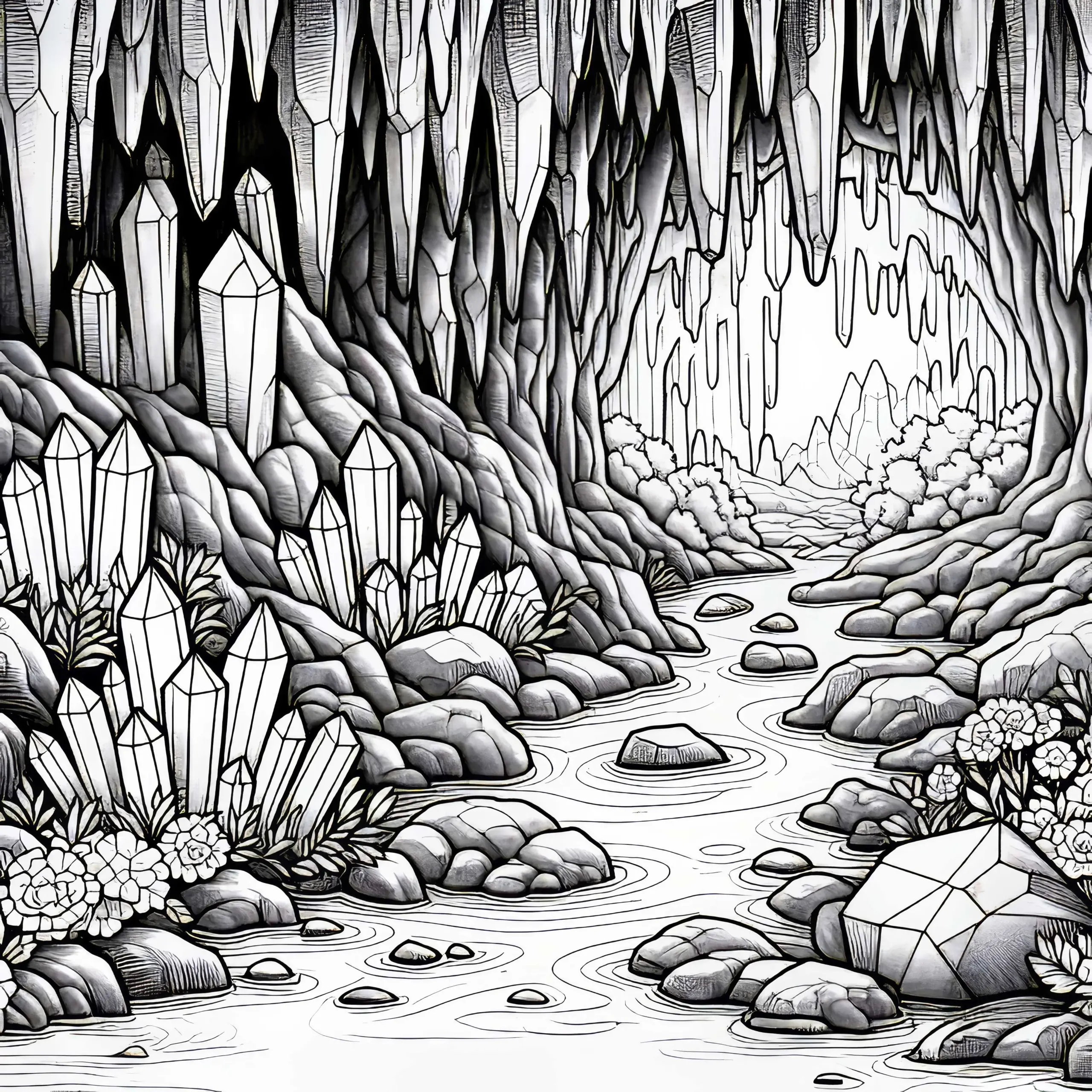 Kristalle leuchten im Halbdunkel in der Höhle – Malvorlage gratis (Ausmalbild)