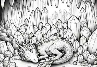 Kristallhöhle: Drache schläft zwischen Kristallen – Malvorlage kostenlos