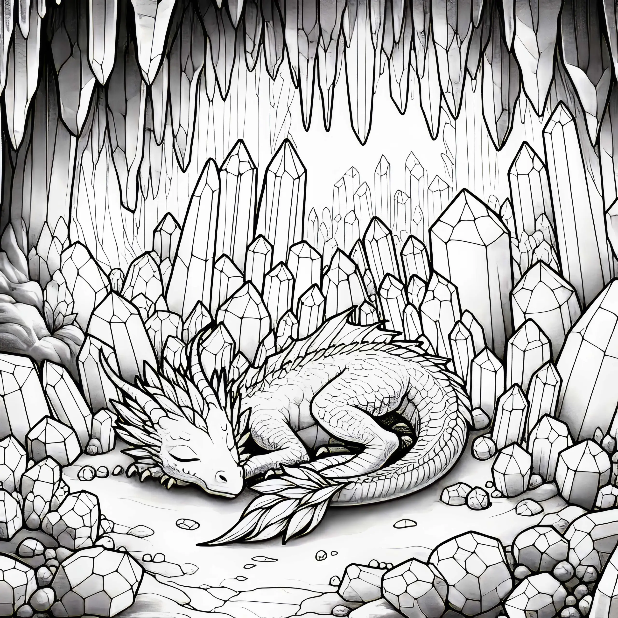 Kristallhöhle: Drache schläft zwischen Kristallen – Malvorlage kostenlos (Ausmalbild)