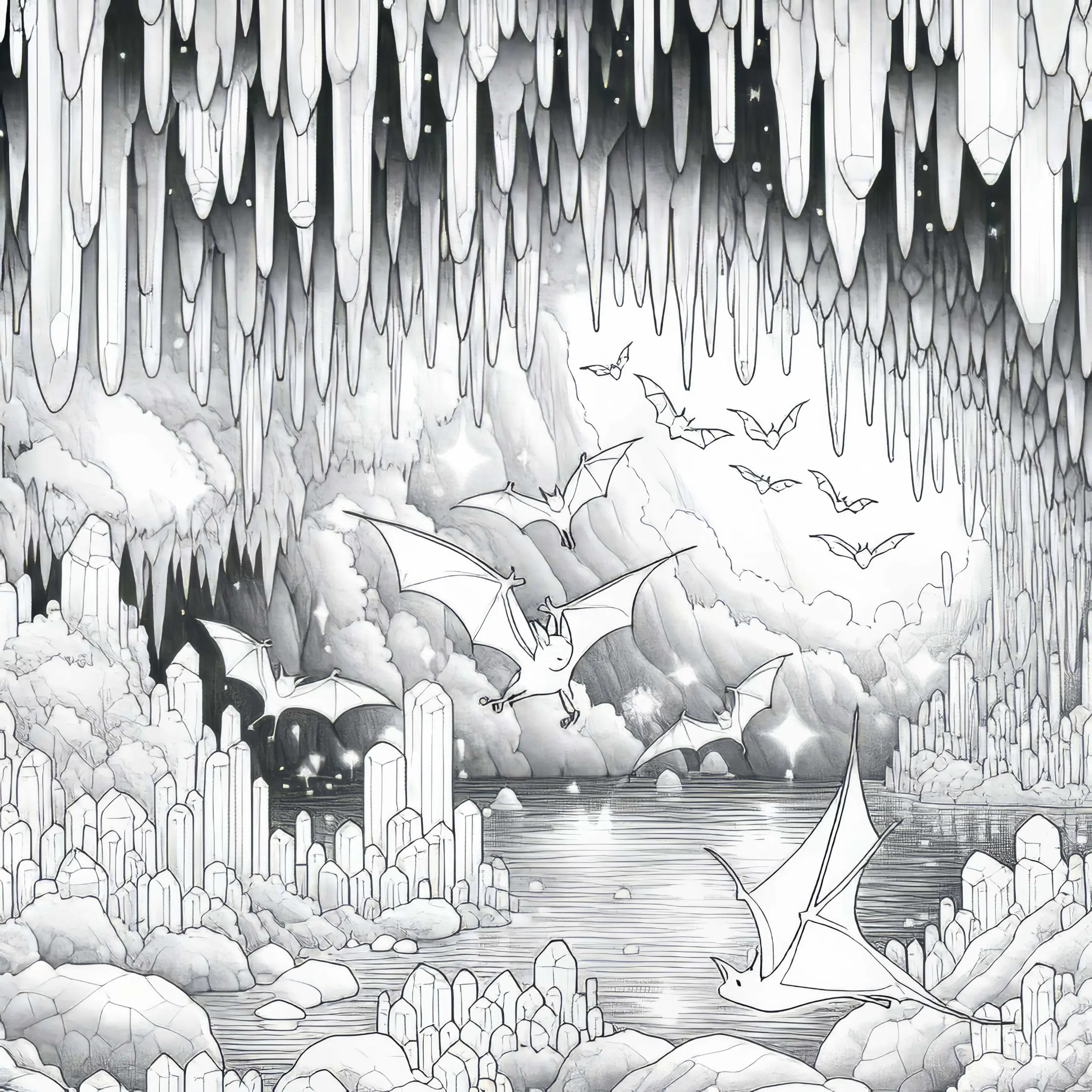 Kristallhöhle mit Fledermäusen aus Glas, die zwischen schillernden Stalaktiten fliegen – Malvorlage kostenlos (Ausmalbild)