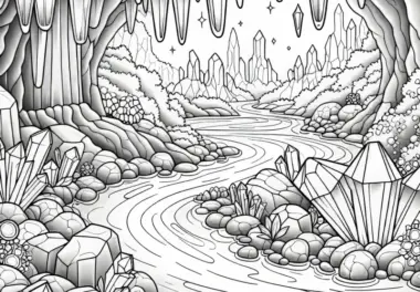 Kristallhöhle: Ein Fluss fließt durch eine Grotte mit leuchtenden Kristallen – kostenlose Malvorlage