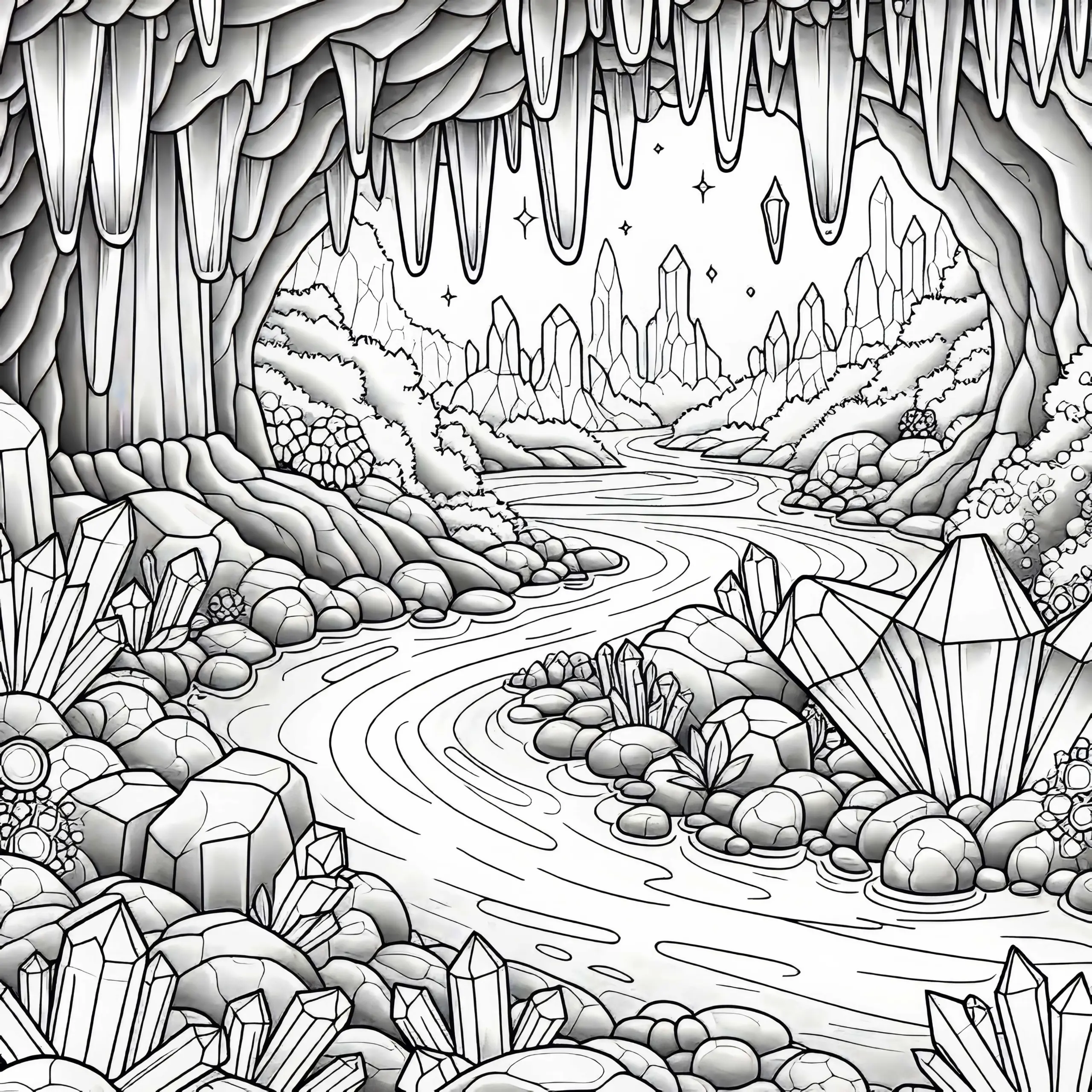 Kristallhöhle: Ein Fluss fließt durch eine Grotte mit leuchtenden Kristallen – kostenlose Malvorlage (Ausmalbild)
