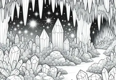 Funkelnde Kristalle in der Kristallhöhle – Ausmalbild zum Download
