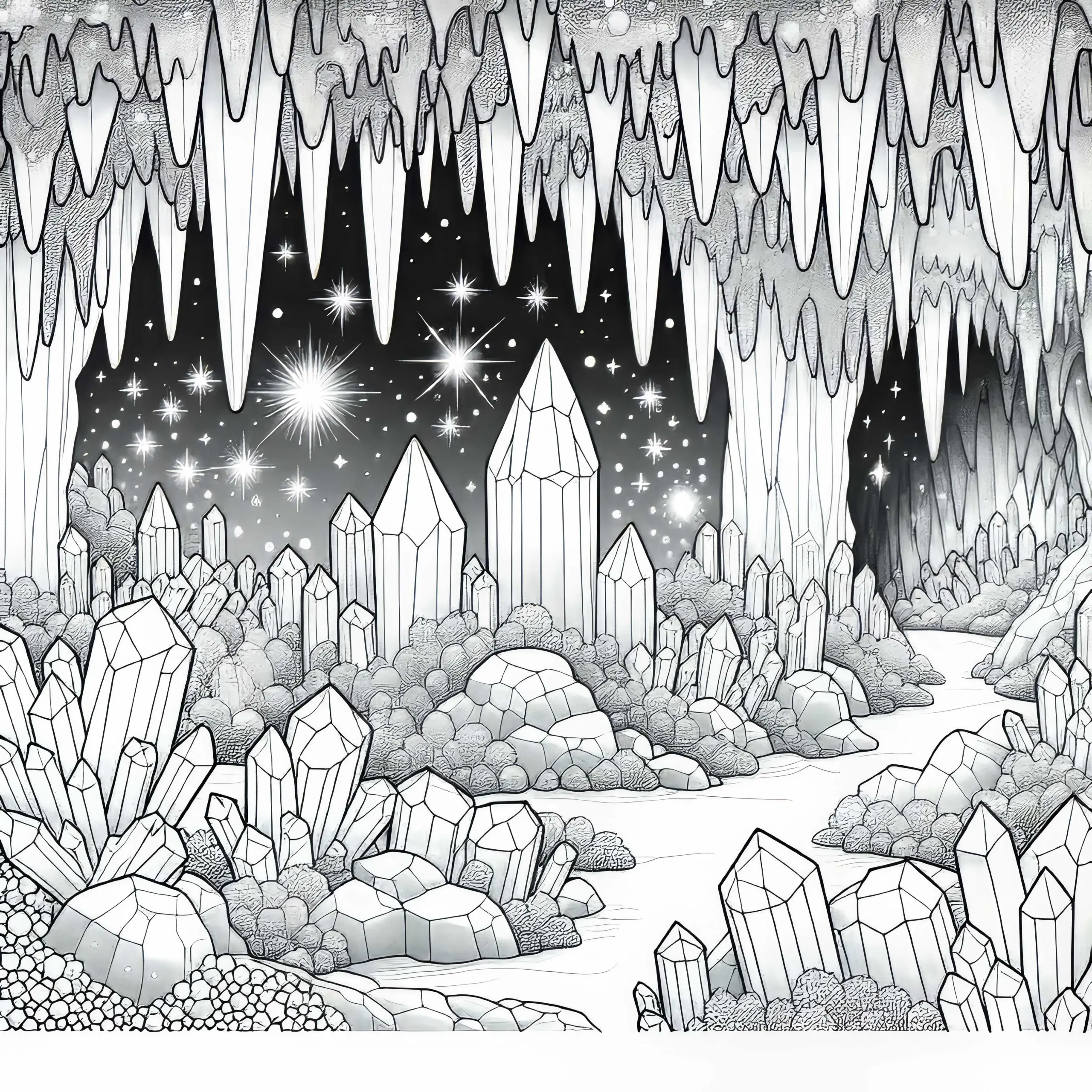 Funkelnde Kristalle in der Kristallhöhle – Ausmalbild zum Download