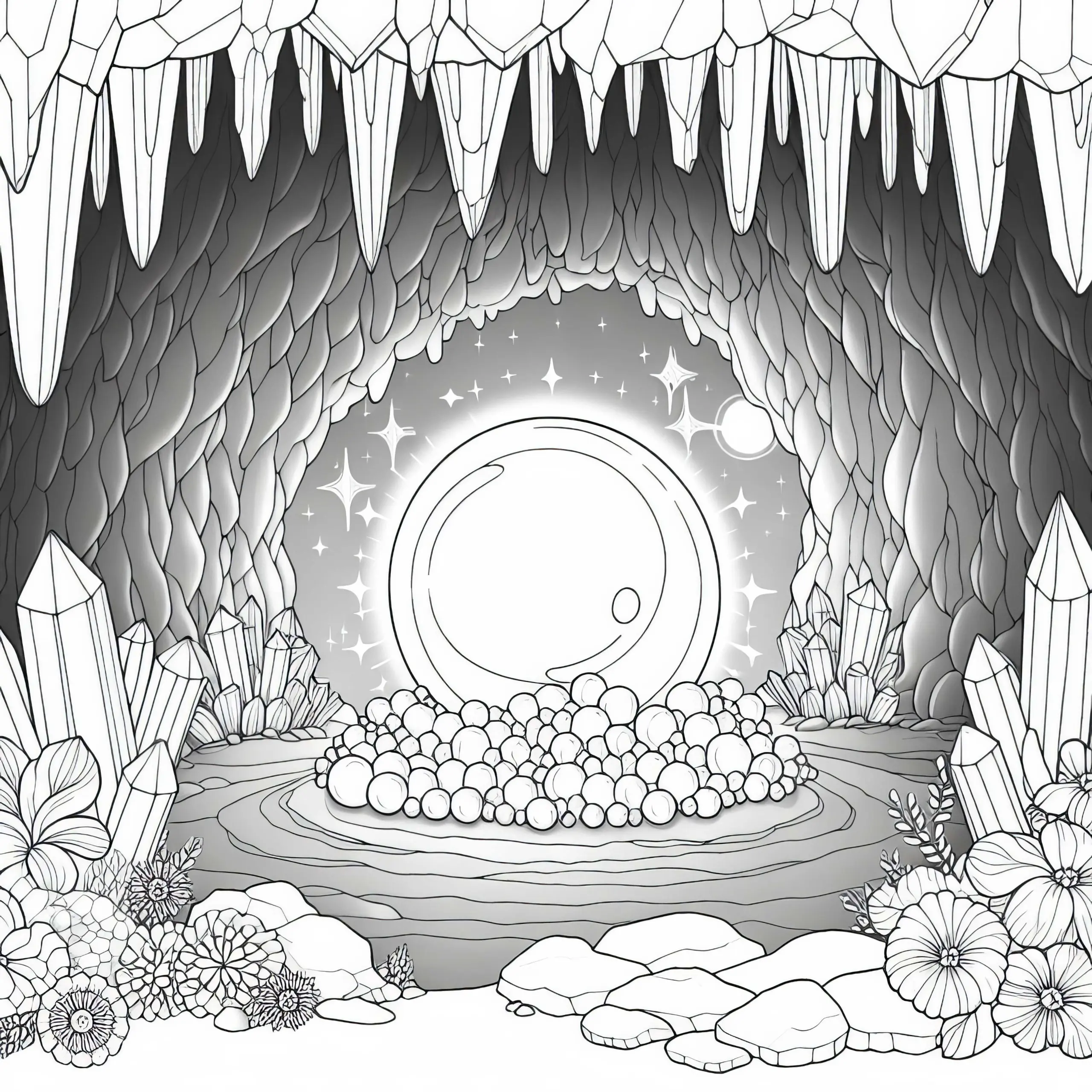 Kristallhöhle mit einer Riesenperle Malvorlage kostenlos (Ausmalbild)
