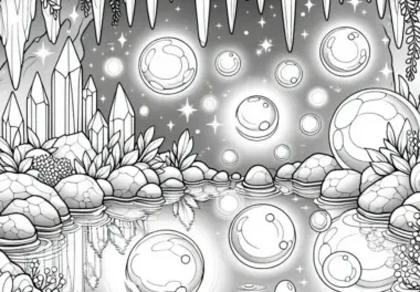 Kristallhöhle voller schwebender Lichtkugeln – Ausmalbild kostenlos