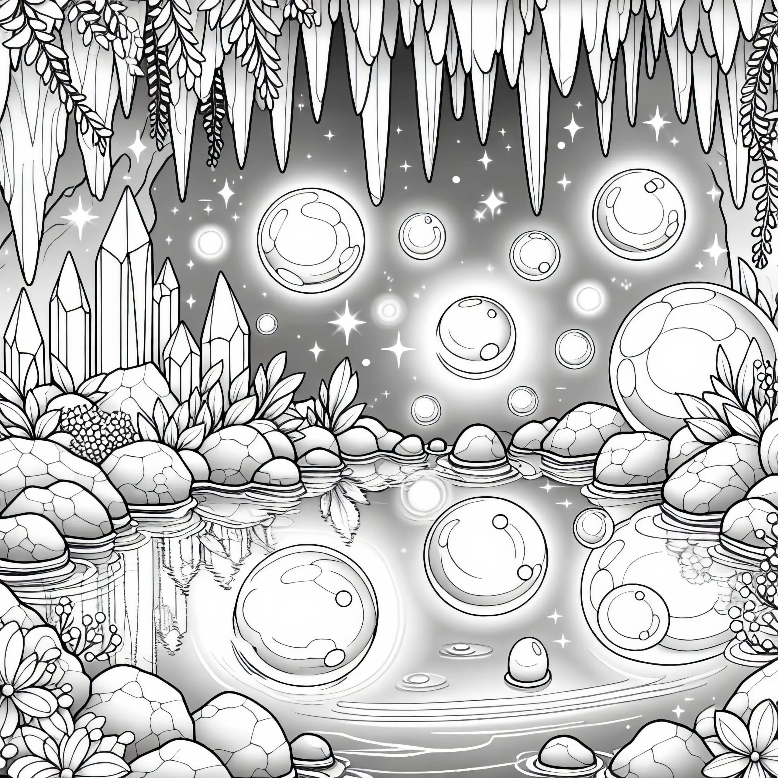 Kristallhöhle voller schwebender Lichtkugeln – Ausmalbild kostenlos