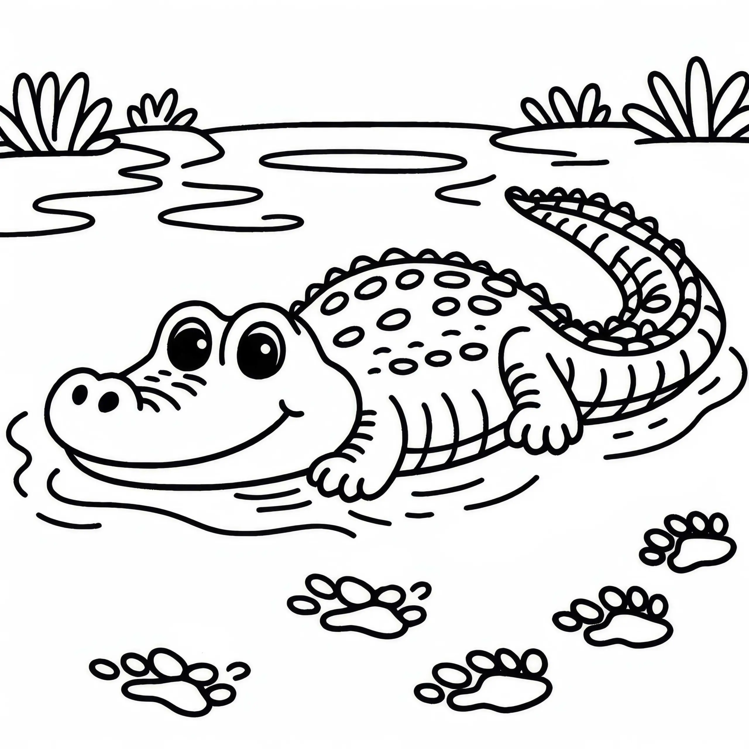 Krokodil krabbelt aus dem Wasser ans Ufer – Malvorlage gratis (Ausmalbild)