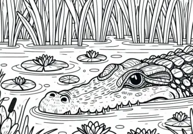 Krokodil liegt lauernd im Wasser eines Sumpfes – Malvorlage kostenlos