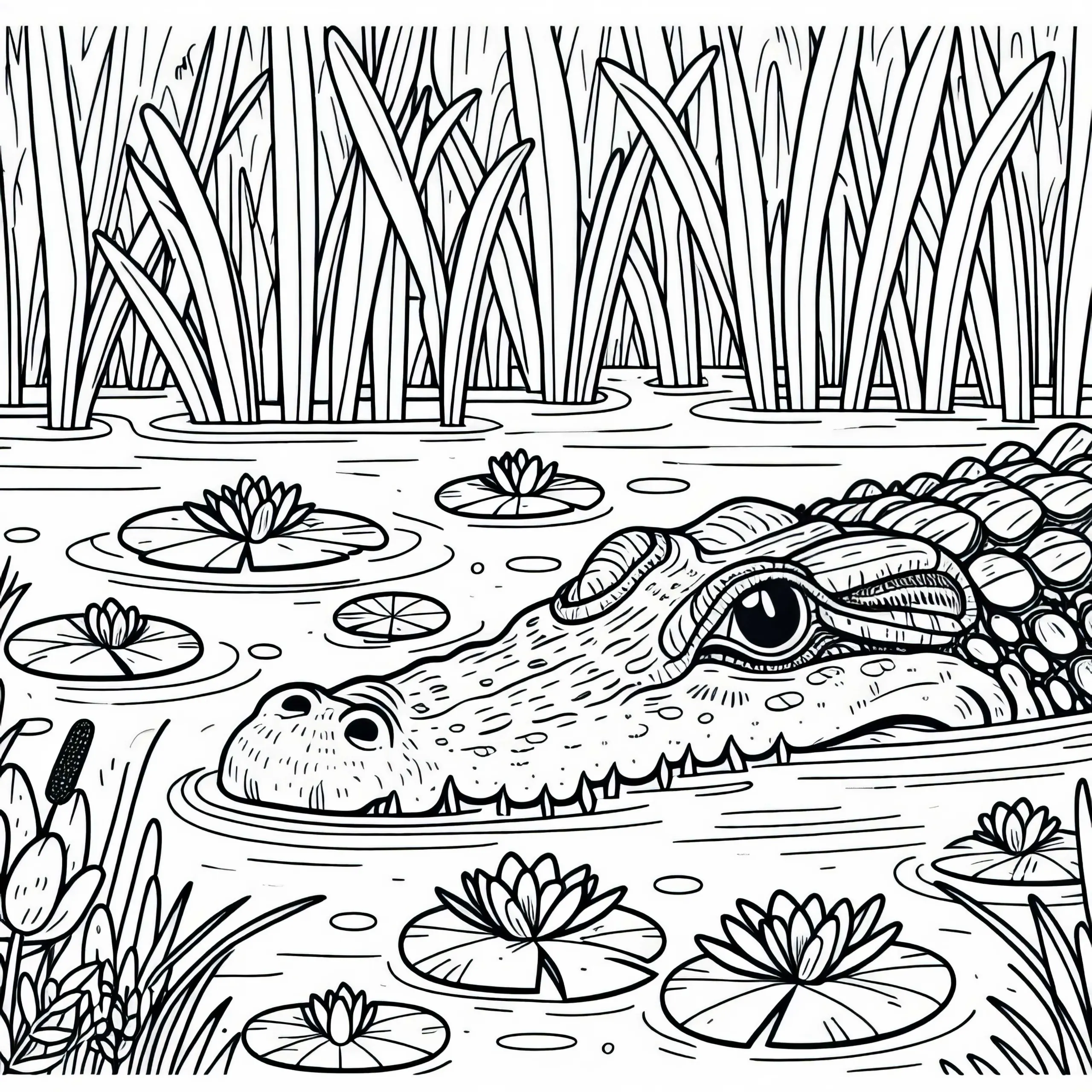 Krokodil liegt lauernd im Wasser eines Sumpfes – Malvorlage kostenlos (Ausmalbild)
