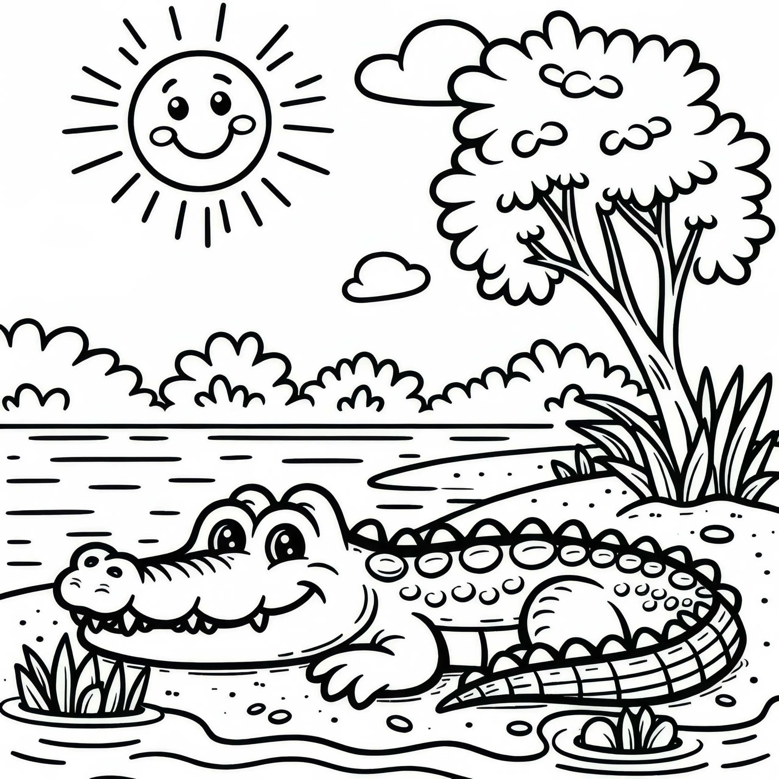 Krokodil liegt mit geöffnetem Maul in der Sonne am Flussufer – Malvorlage einfach gratis (Ausmalbild)