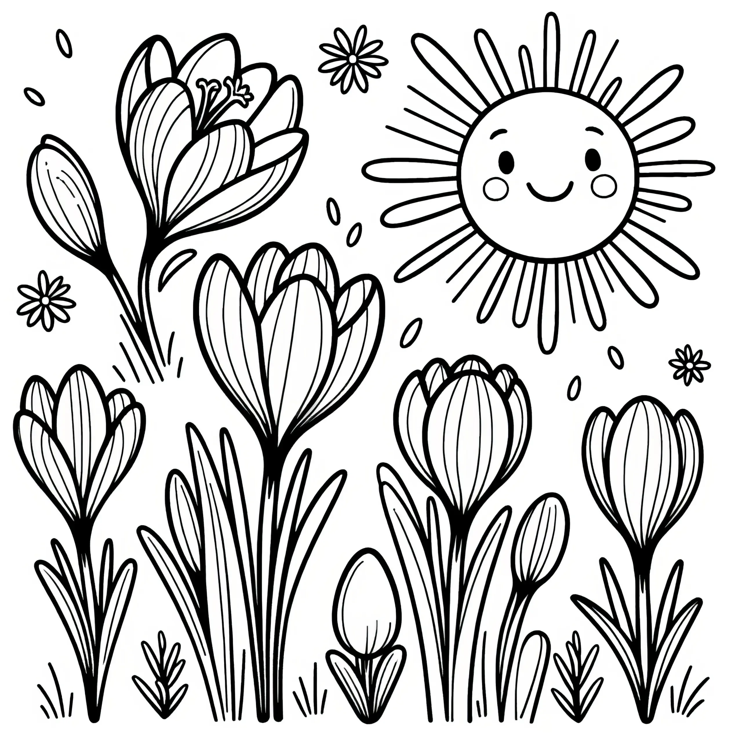 Krokusblüten im Sonnenschein als Ausmalbild (Kostenlos)