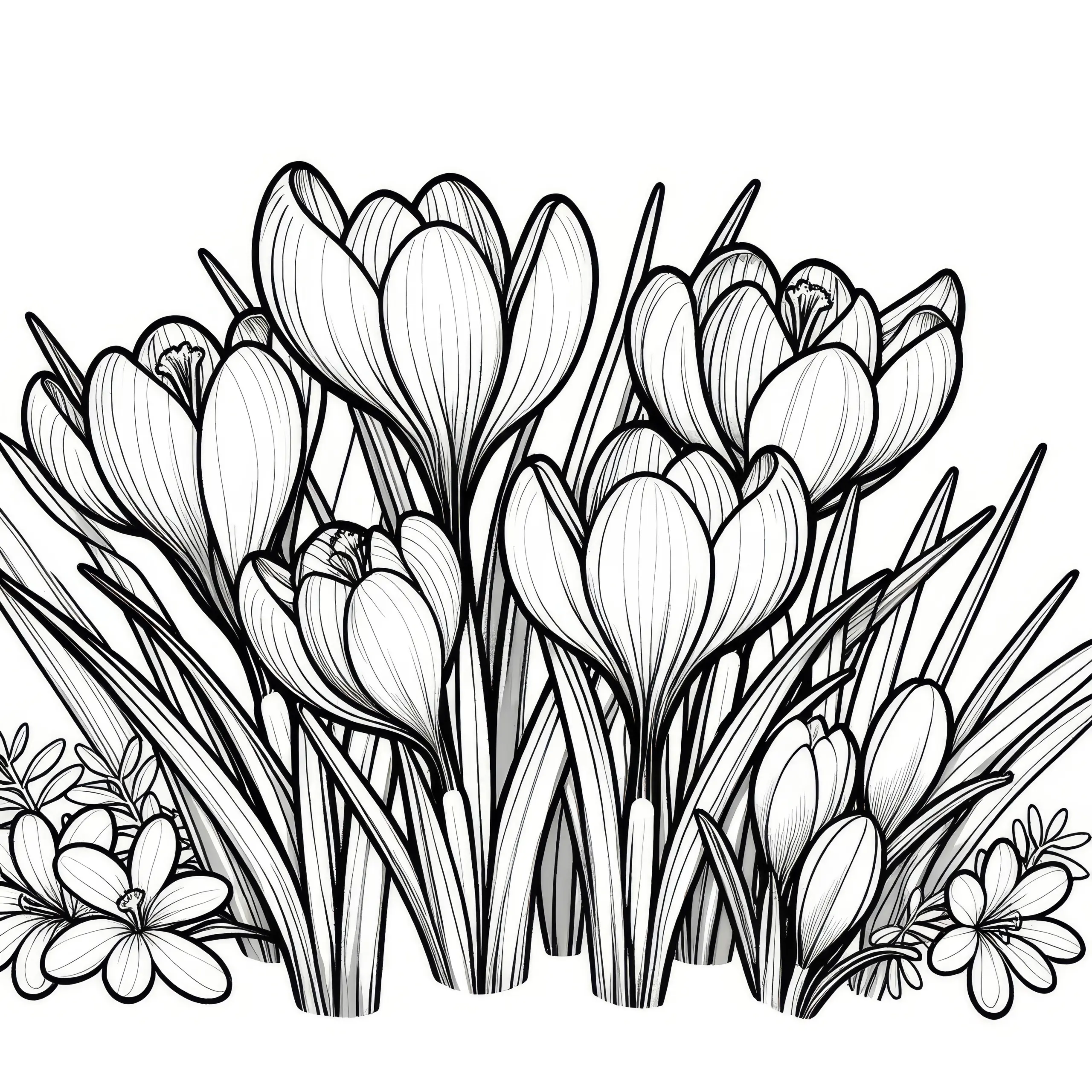 Krokusse in Blüte: Malvorlage zum Herunterladen (Kostenlos) (Ausmalbild)