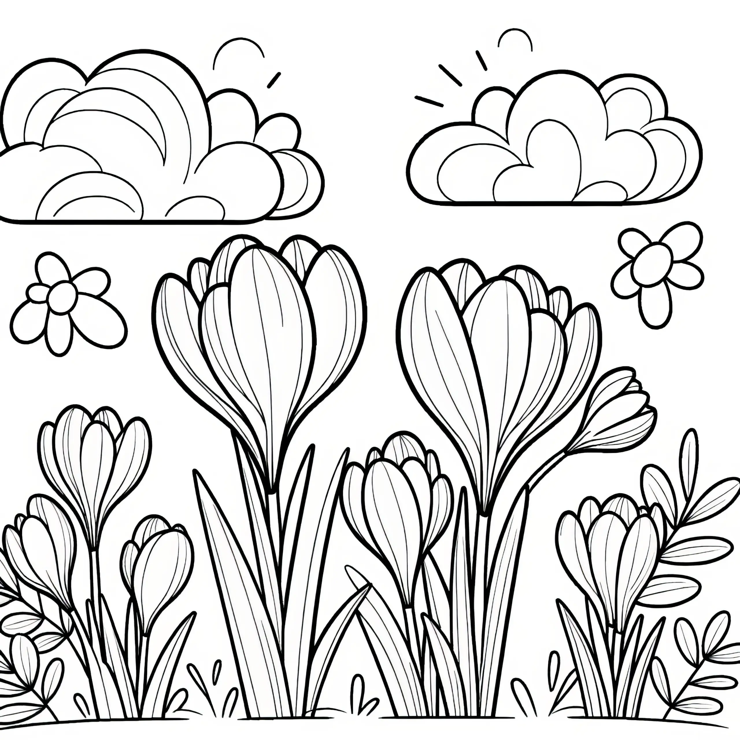 Krokusse und fluffige Wolken: Malvorlage für Kinder (Gratis) (Ausmalbild)