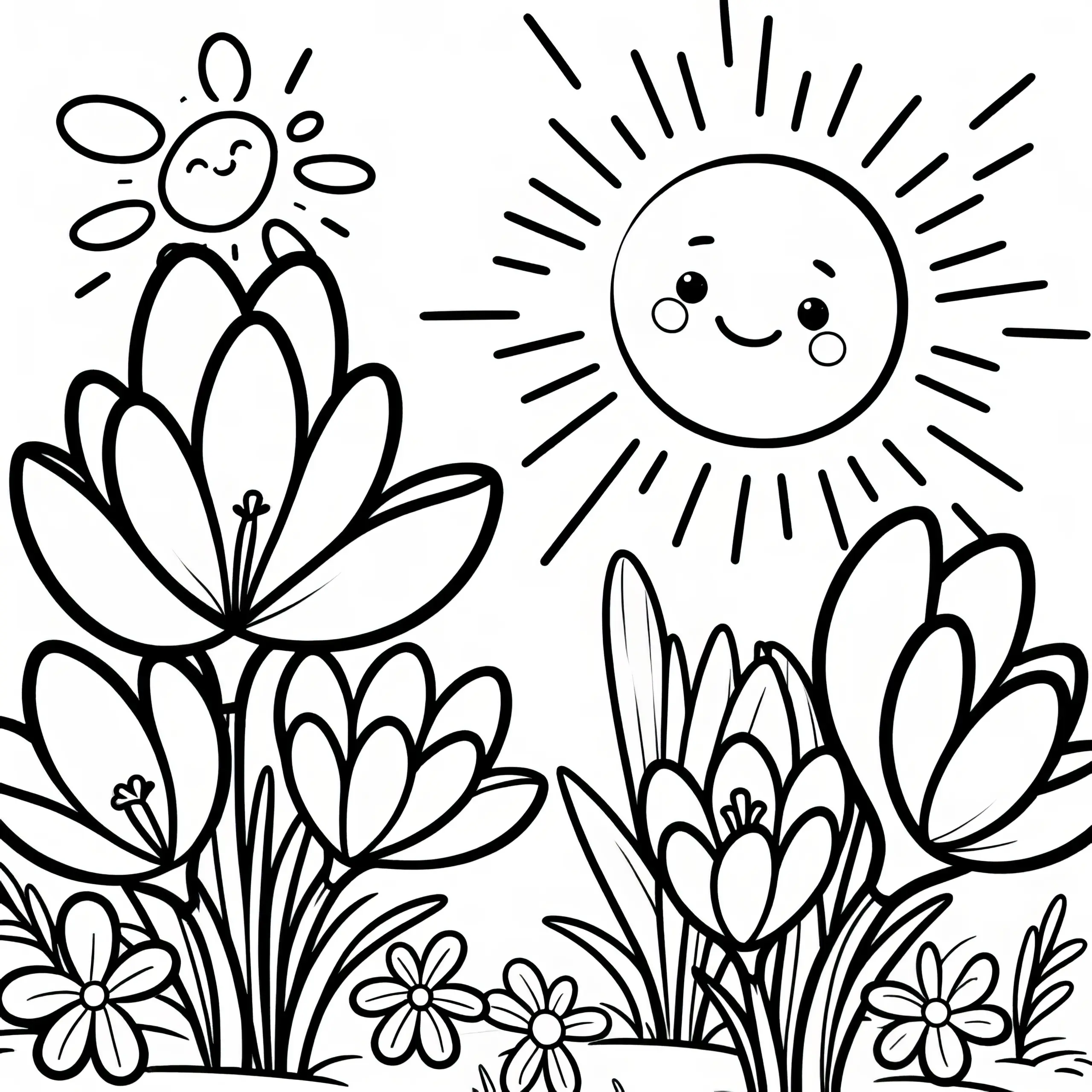 Krokusse in der Frühlingssonne: Einfache Malvorlage für Kinder (Kostenlos) (Ausmalbild)