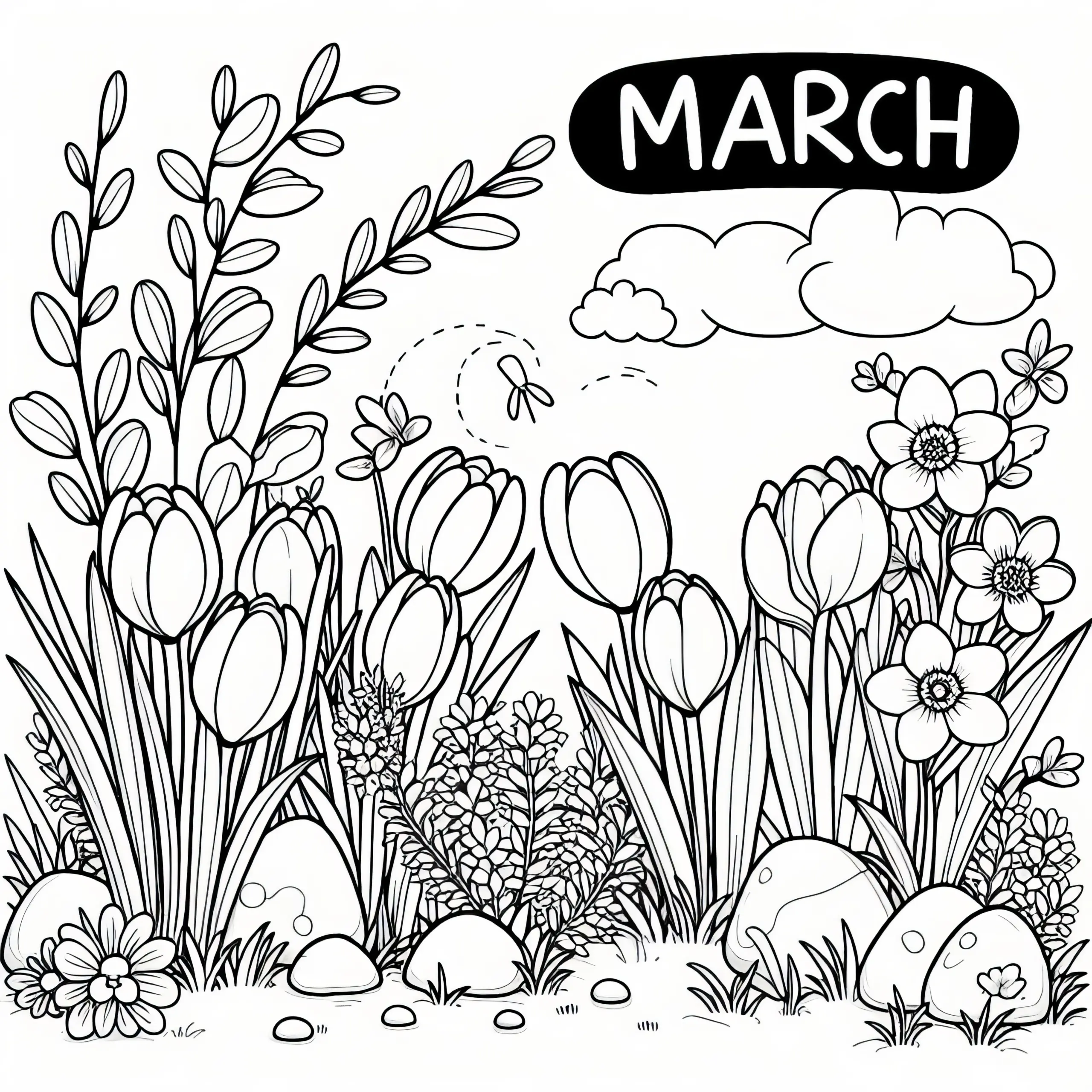 Krokusse, Narzissen und Tulpen blühen im Garten im März (Kostenlos) (Ausmalbild)