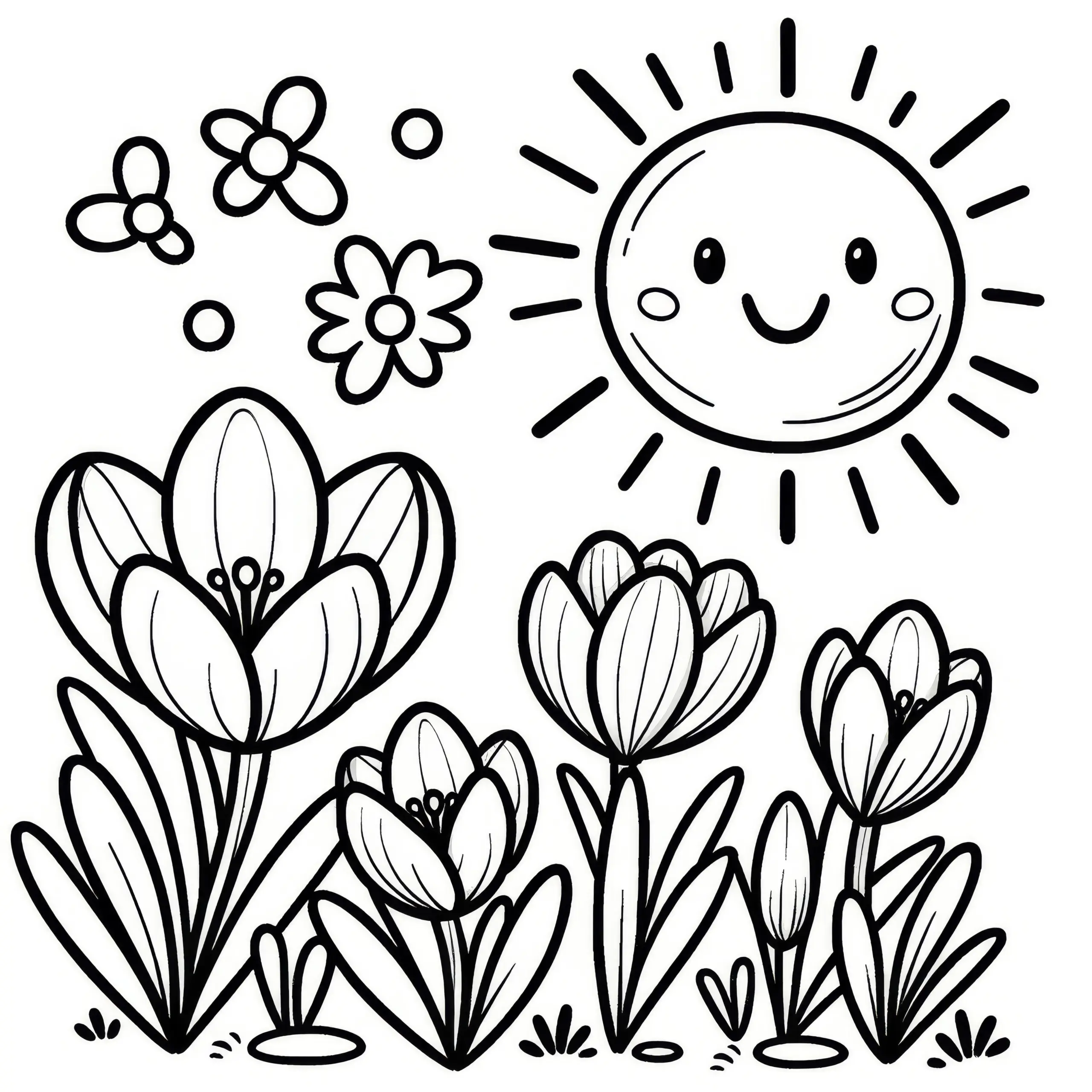 Krokusse in der Sonne: Ausmalbild für Kinder (Gratis)